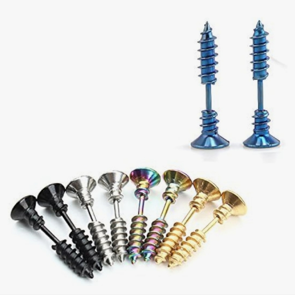 Blue screw stud earrings realistic industrial punk style stainless earrings new